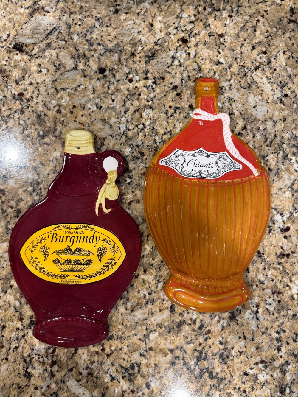 Burgundy and Terracotta Ceramic Wine Bottle Wall Accents/Cheese Servers/Trivets